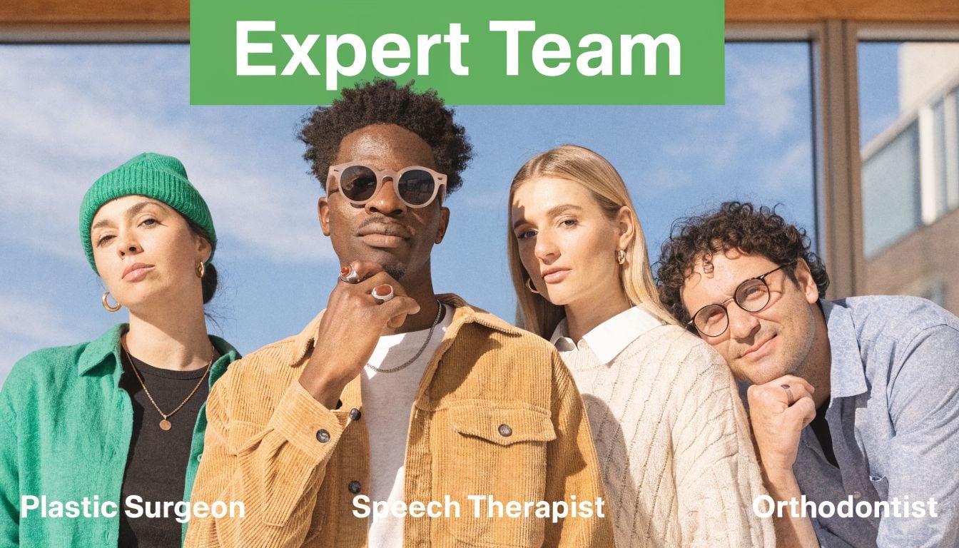 A diverse group of four medical experts, including a surgeon and therapist, standing together outside.