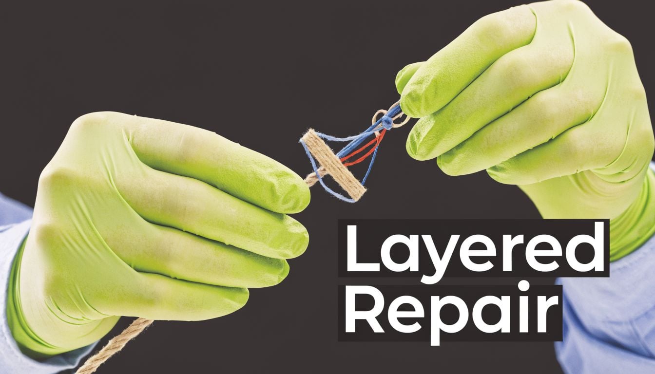 A surgeon wearing green medical gloves holds a model of a layered surgical repair of tissue.