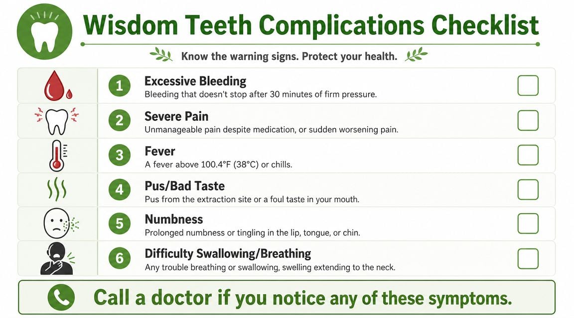 A health infographic listing six key warning signs of wisdom teeth extraction complications to watch for.
