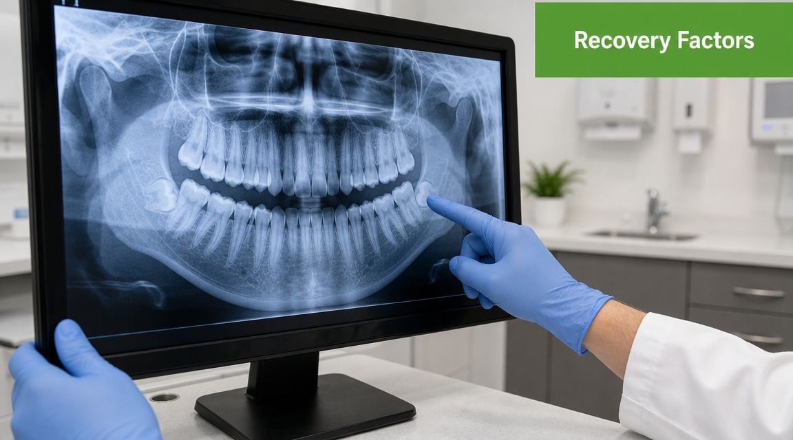 A dentist wearing blue gloves points to a wisdom tooth on a digital panoramic dental X-ray screen.