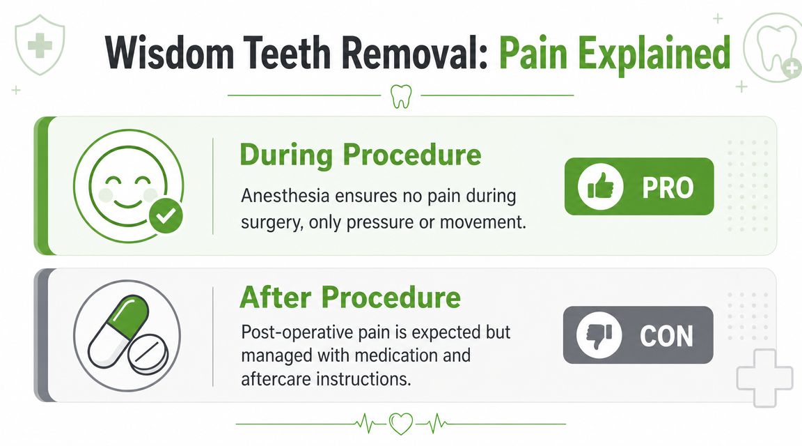 An infographic explaining that wisdom teeth removal surgery is painless, but post-operative pain is managed with medication.