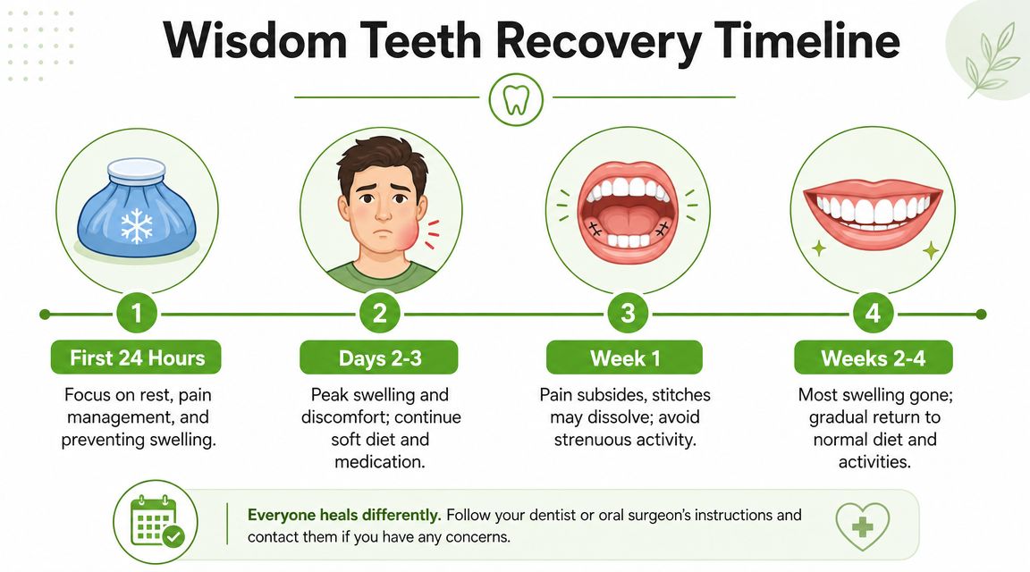 An infographic detailing a four-stage recovery timeline following wisdom teeth removal, including tips and common symptoms.
