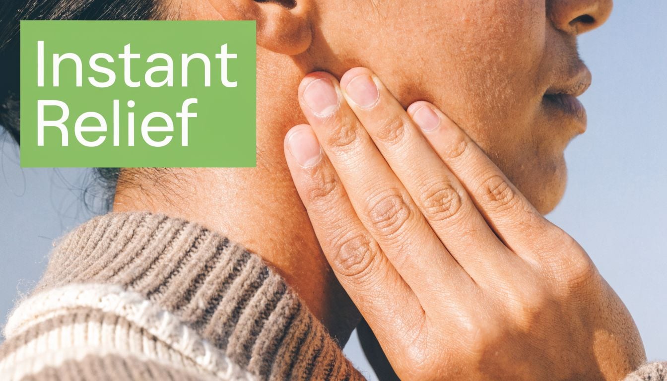 A close-up shot of a person gently massaging their jawline to help ease facial tension.