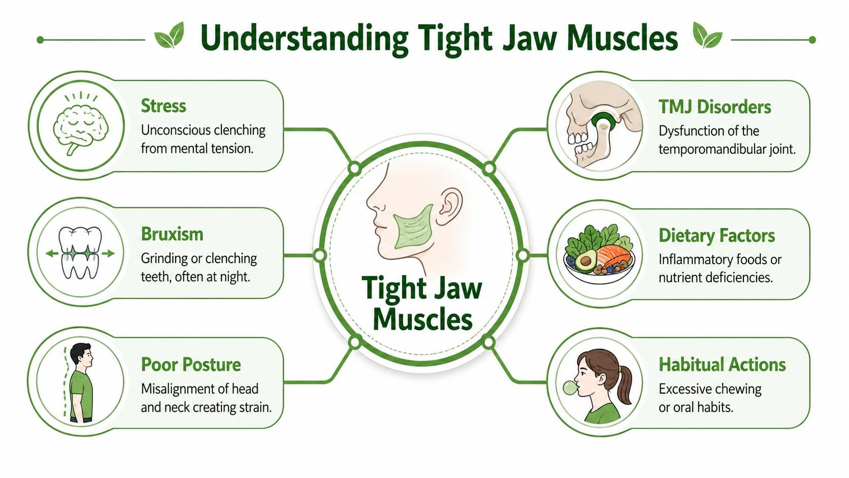 An infographic illustrating six common causes of tight jaw muscles, including stress, bruxism, and poor posture.