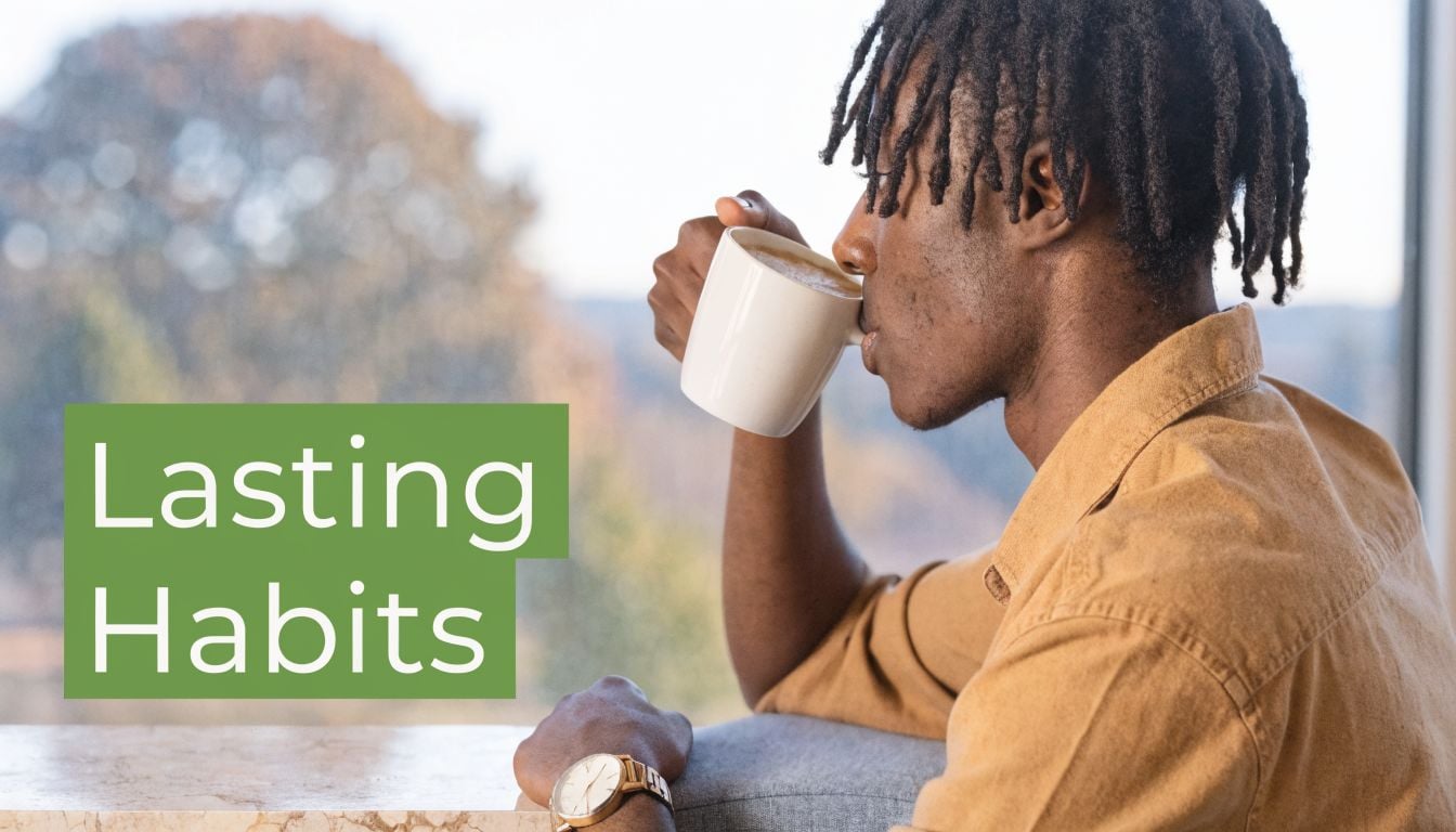 A young man with dreadlocks drinking coffee while gazing out of a bright, sunlit window.