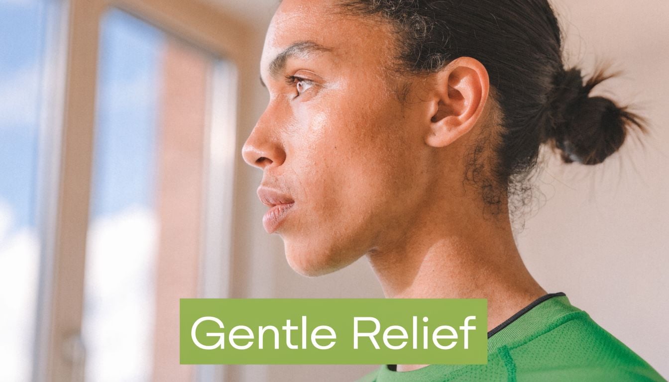 A profile view of a person looking thoughtful, overlaid with a green box reading Gentle Relief.