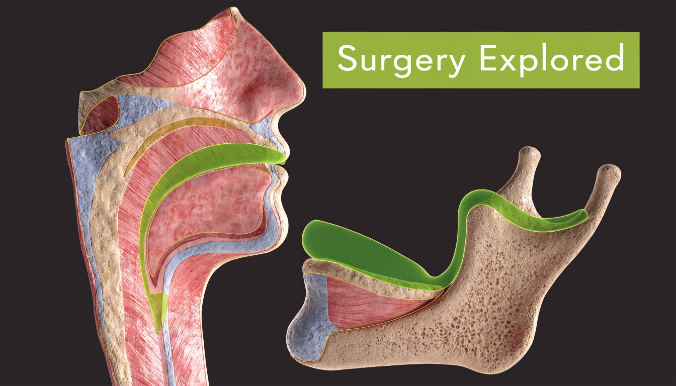 A medical illustration showing a cross-section of the human head and jaw during oral sleep apnea surgery.