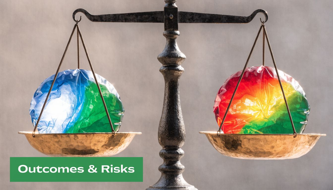 An old balance scale weighing colorful spheres to visually represent the comparison of outcomes and risks.