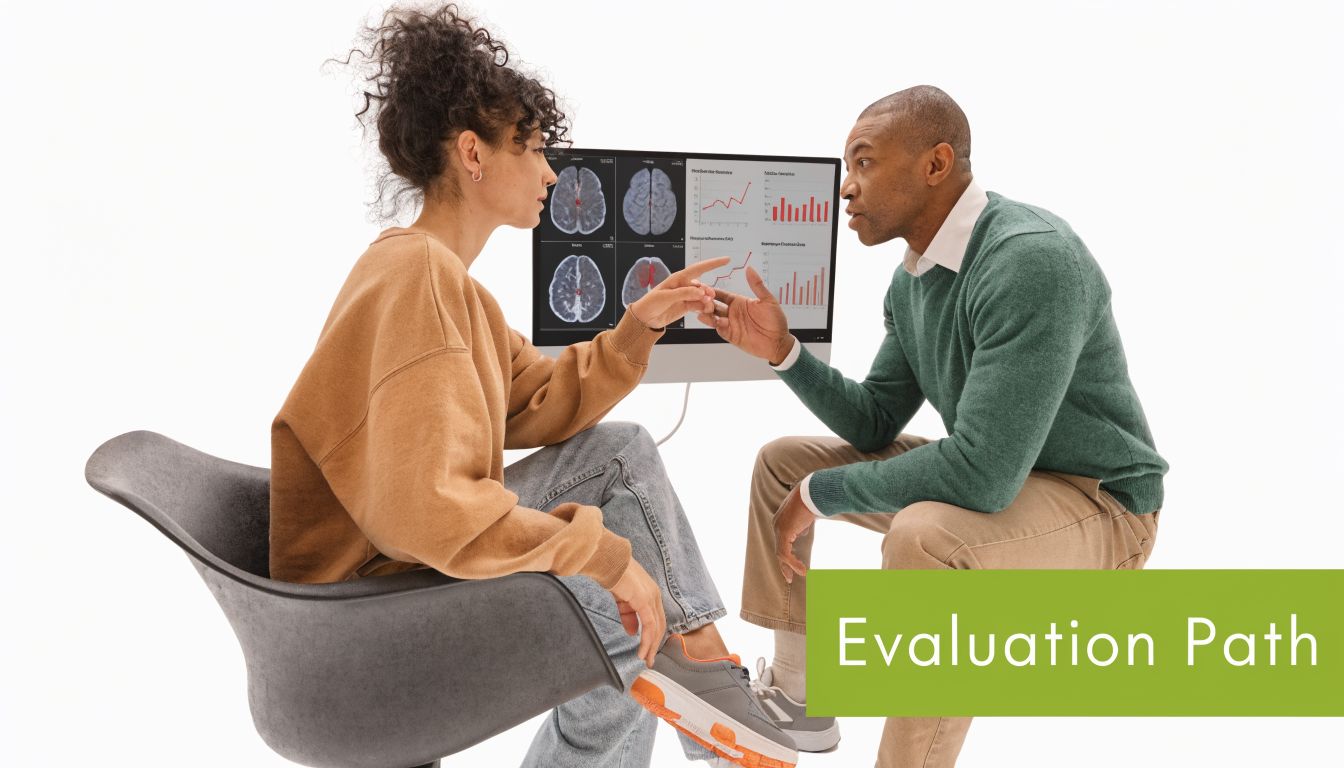 A woman and a man reviewing and discussing medical brain scan images on a computer monitor.