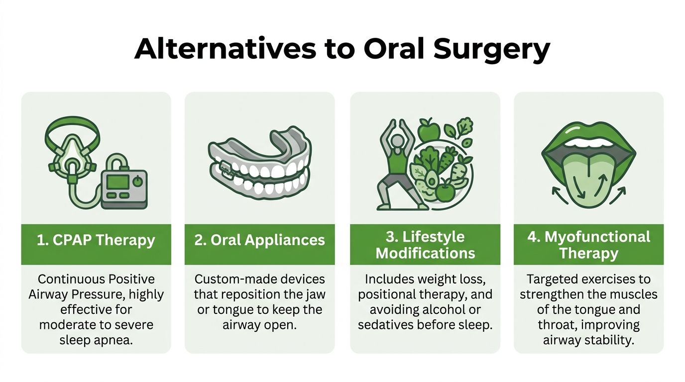 An infographic showing four non-surgical treatment alternatives for sleep apnea including CPAP therapy and lifestyle changes.