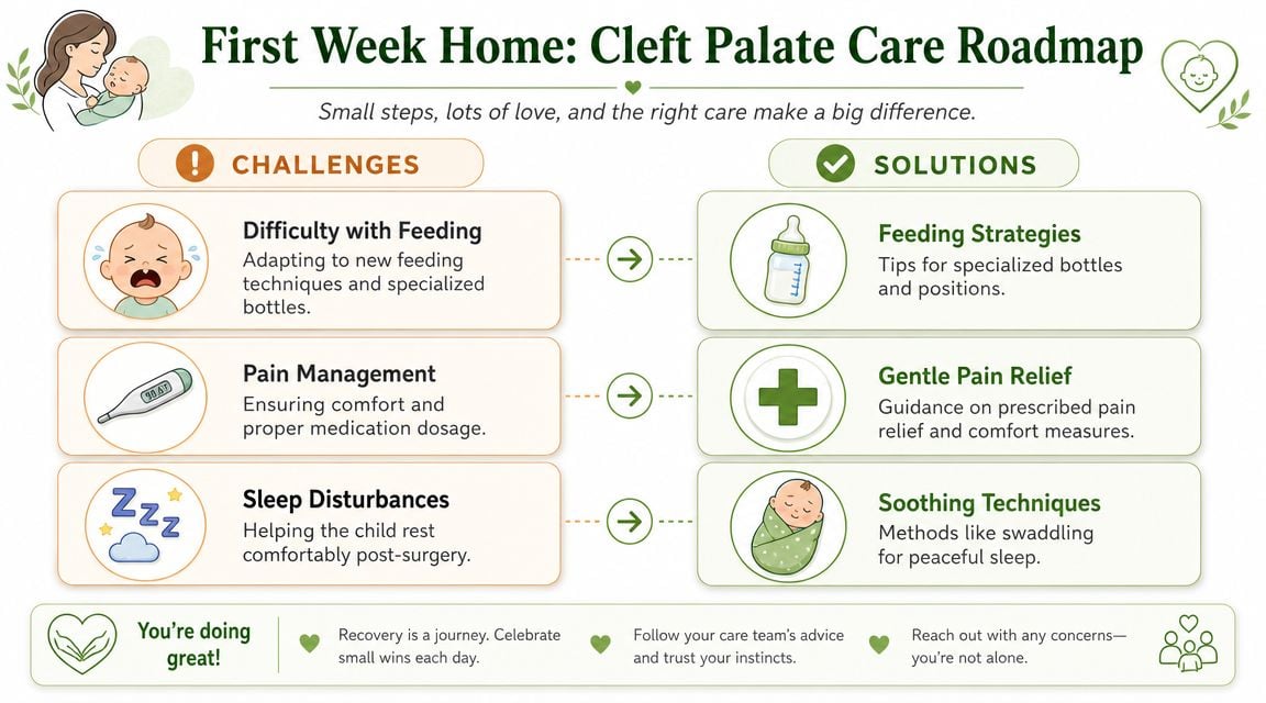 A helpful infographic outlining common challenges and solutions for caring for a baby after cleft palate surgery.
