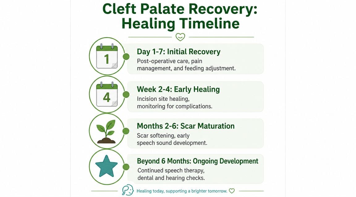 A timeline graphic illustrating the stages of recovery following cleft palate surgery from initial care to development.