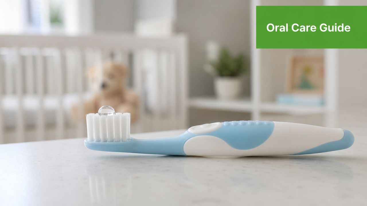 A child's toothbrush with a small drop of toothpaste placed on the bristles on a table.