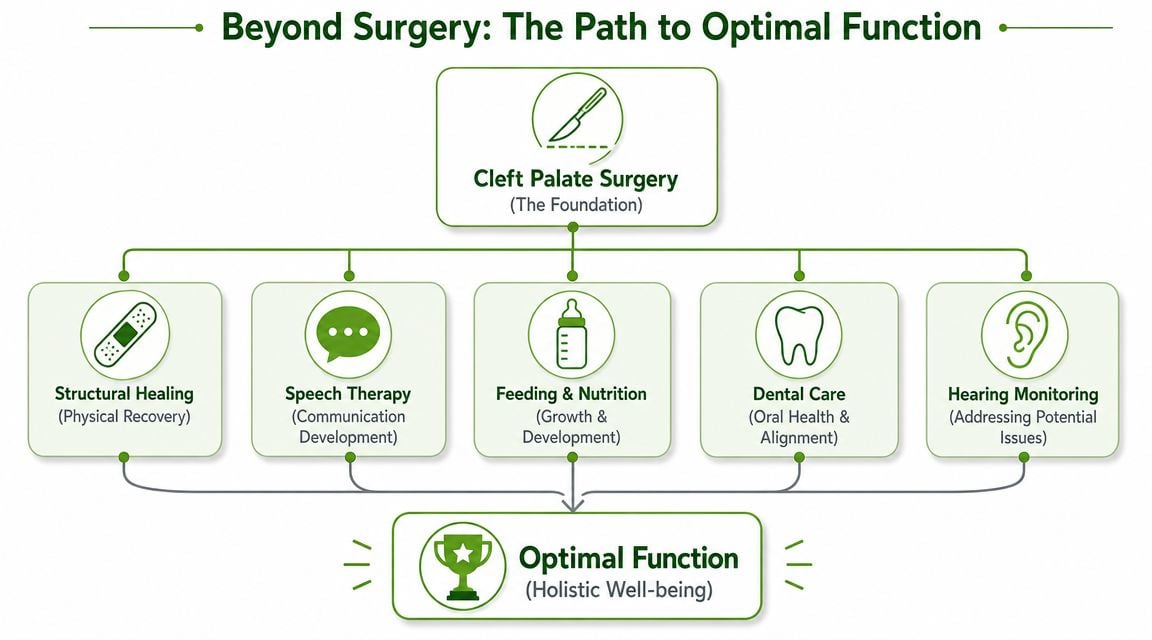 A diagram illustrating the path to optimal function after cleft palate surgery, highlighting key post-operative care steps.