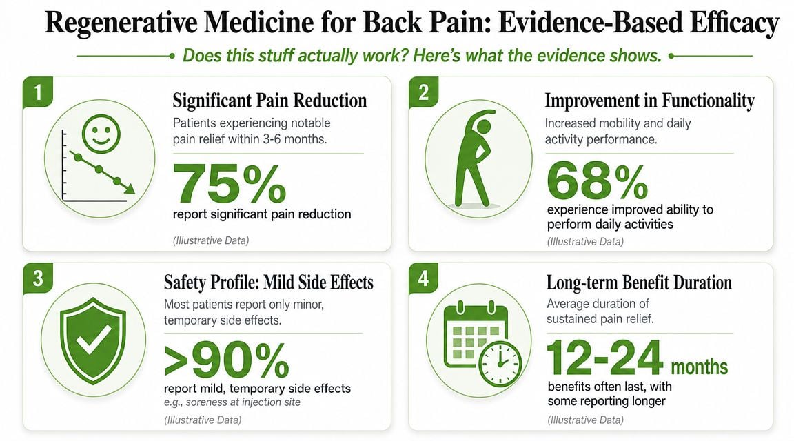 An infographic titled Regenerative Medicine for Back Pain showing statistics on pain reduction, functionality, safety, and duration.
