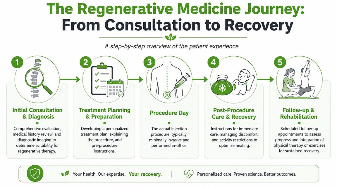 A five-step infographic showing the regenerative medicine patient journey from initial consultation to follow-up and rehabilitation.