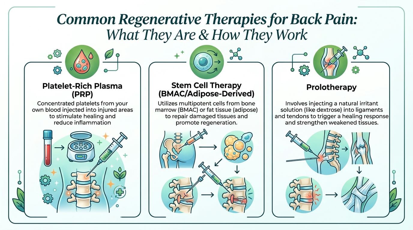 An infographic detailing common regenerative therapies for back pain including PRP, stem cell therapy, and prolotherapy.