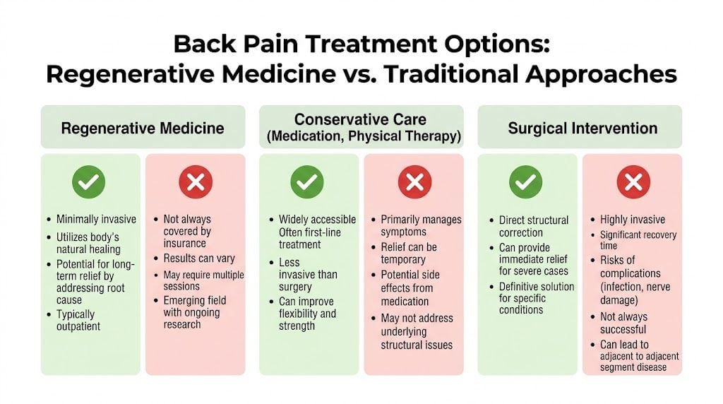 A comparison chart outlining the pros and cons of regenerative medicine, conservative care, and surgical intervention for back pain.
