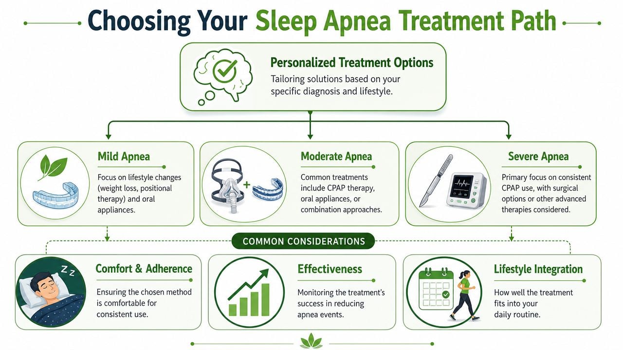 An infographic showing personalized treatment paths for mild, moderate, and severe sleep apnea based on patient needs.