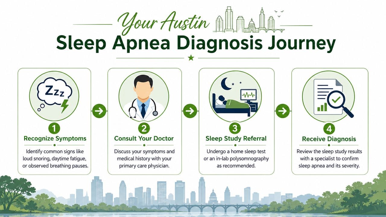 An infographic titled Your Austin Sleep Apnea Diagnosis Journey outlining four steps to diagnose sleep apnea conditions.