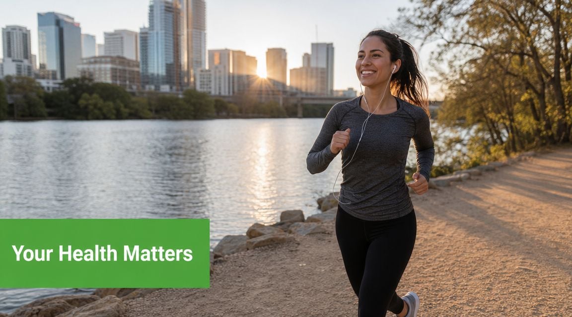 A happy woman running on a dirt path along a river with the Austin city skyline behind.