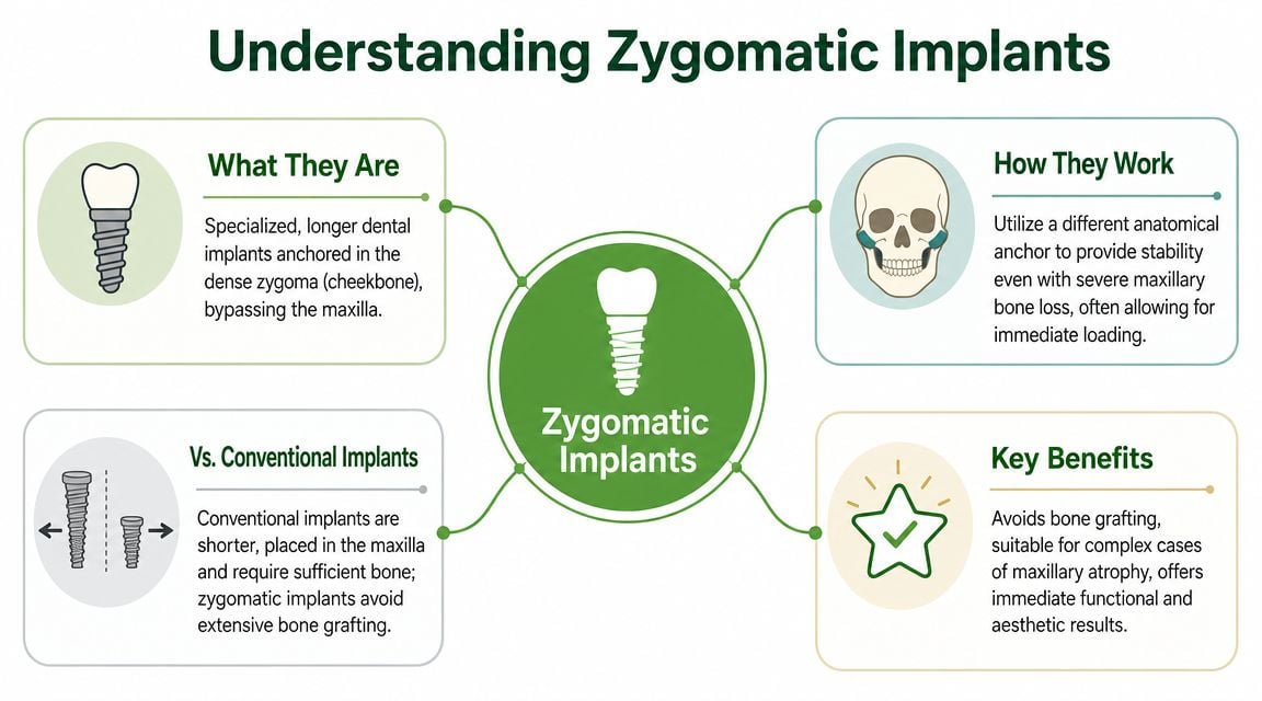 An infographic titled Understanding Zygomatic Implants explaining their function, benefits, and comparison to conventional dental implants.