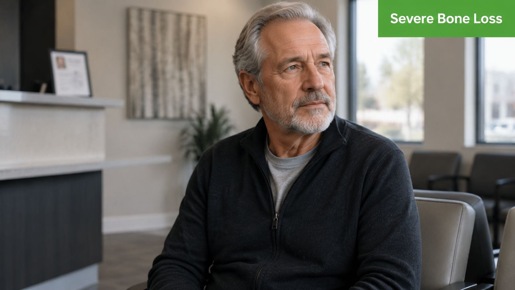 An older man with gray hair and a beard sitting in a waiting room, looking thoughtfully away.
