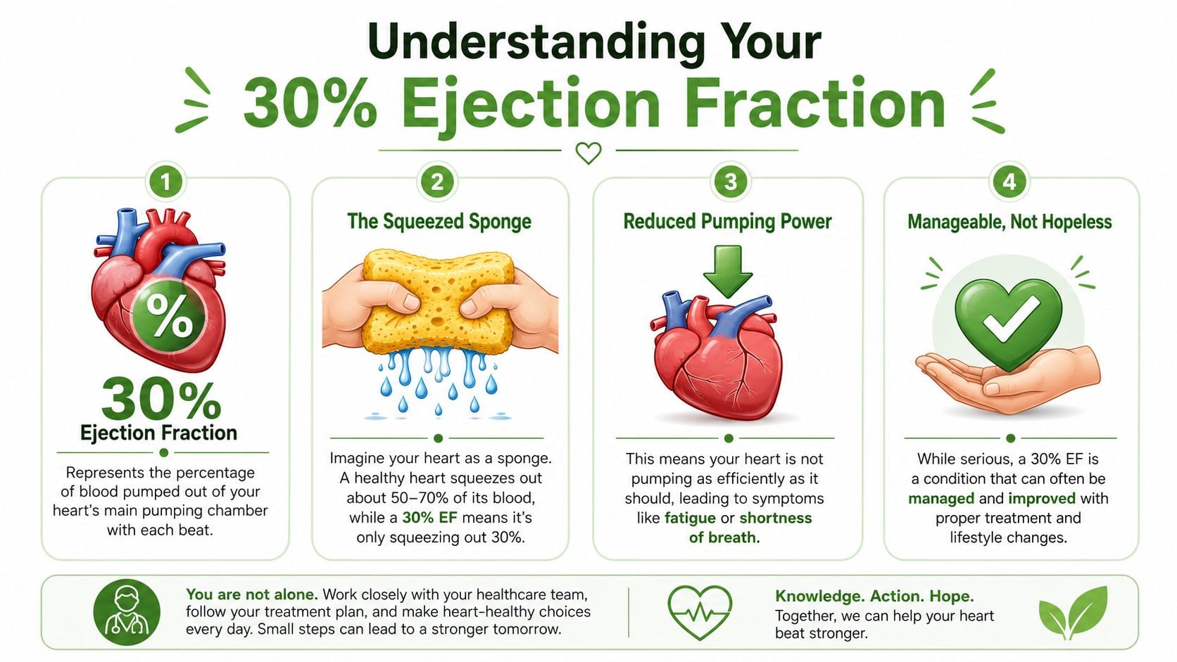 An infographic explaining the meaning of a 30% ejection fraction as reduced heart pumping efficiency and management.