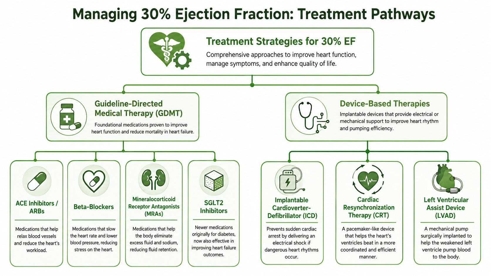 A diagram illustrating medical treatment pathways for managing 30 percent ejection fraction in heart failure patients.