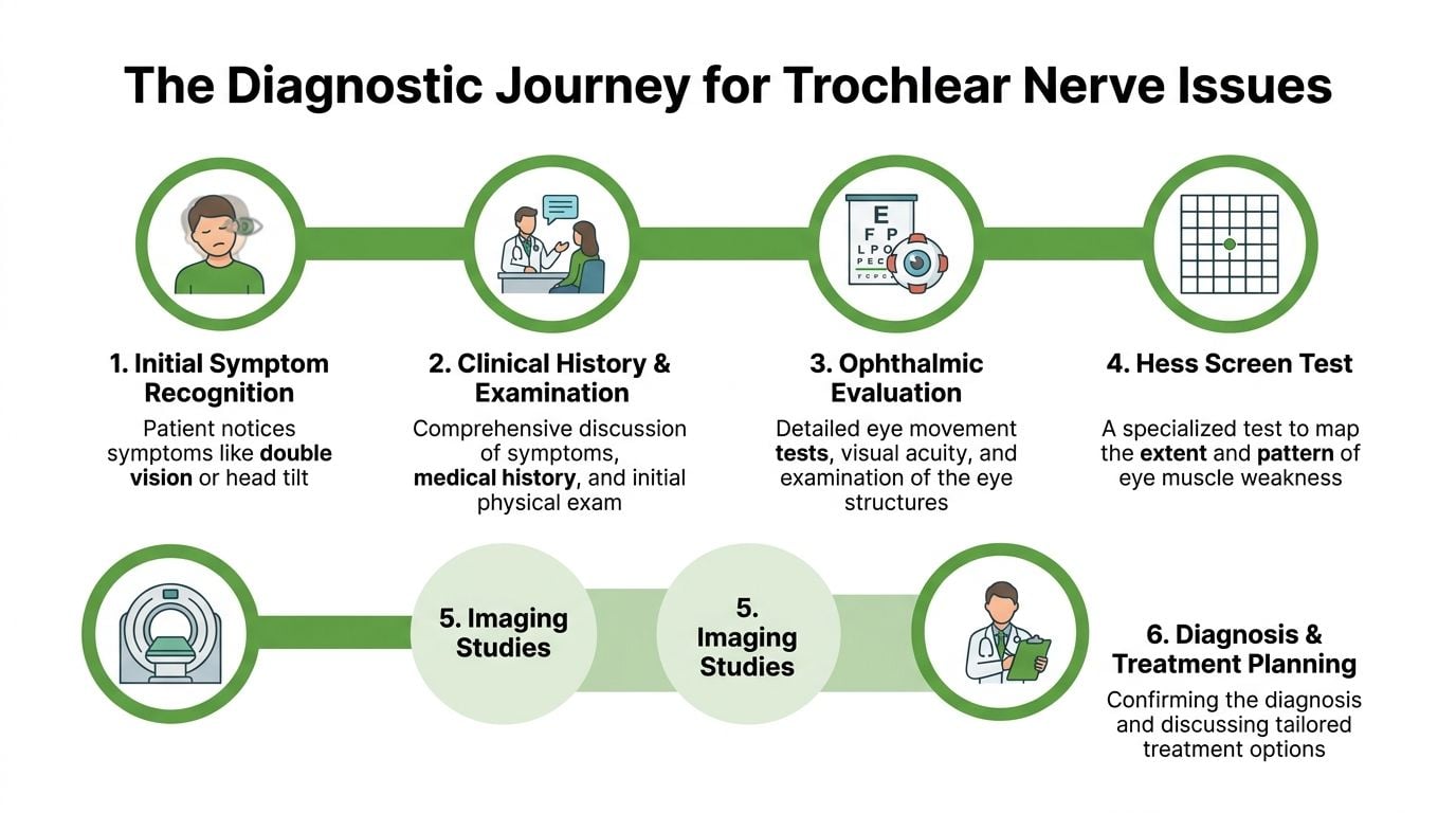 An infographic outlining the diagnostic journey for trochlear nerve issues through six distinct medical examination steps.