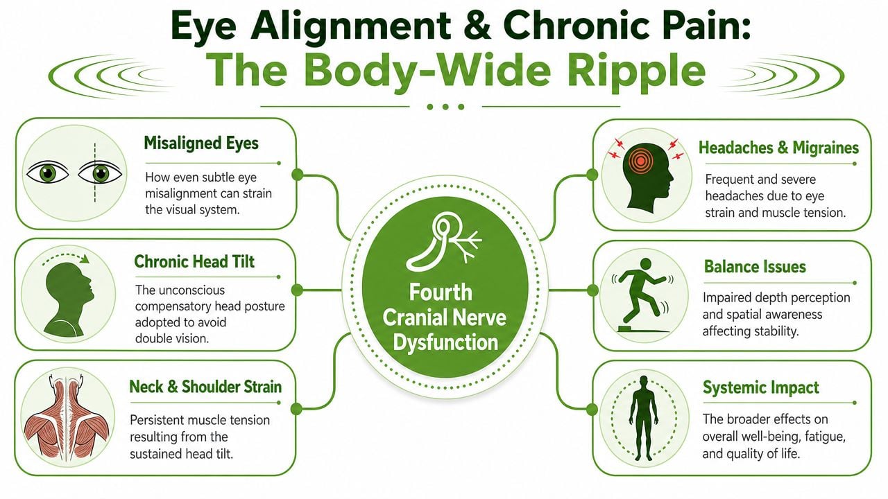 A diagram illustrating the connection between Fourth Cranial Nerve Dysfunction and various physical symptoms like chronic pain.
