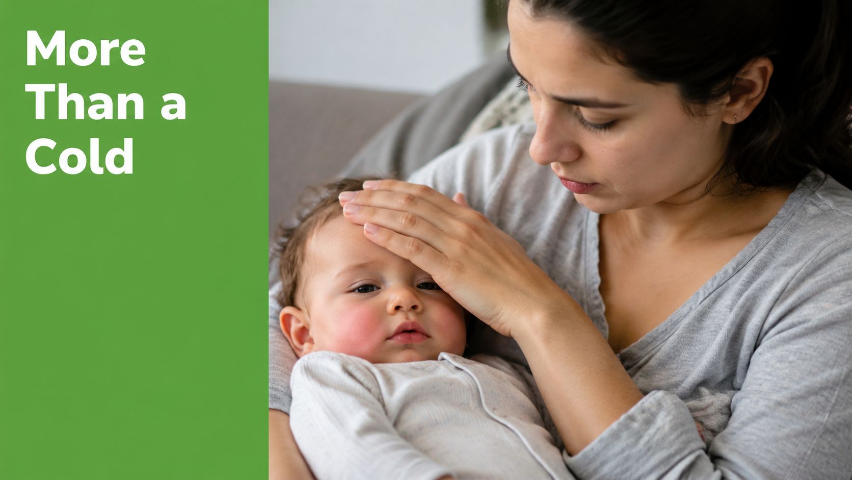 A concerned mother gently touching her baby's forehead to check for a fever while sitting indoors.