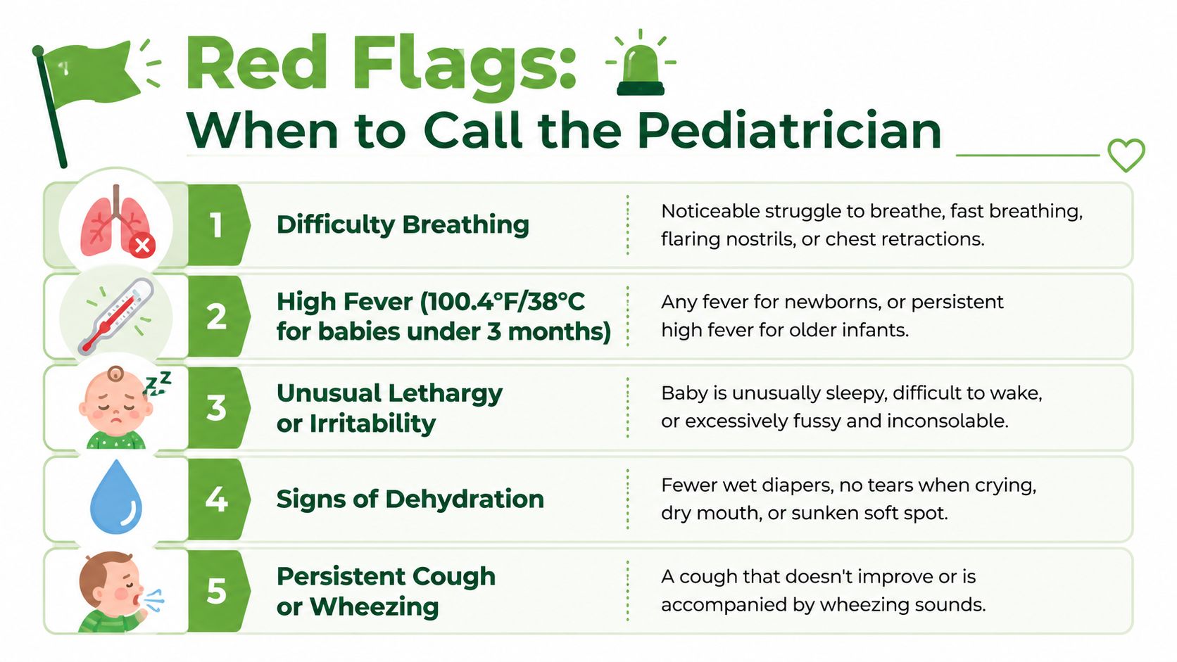 A red flag guide listing five symptoms in infants that indicate a need to call a pediatrician.