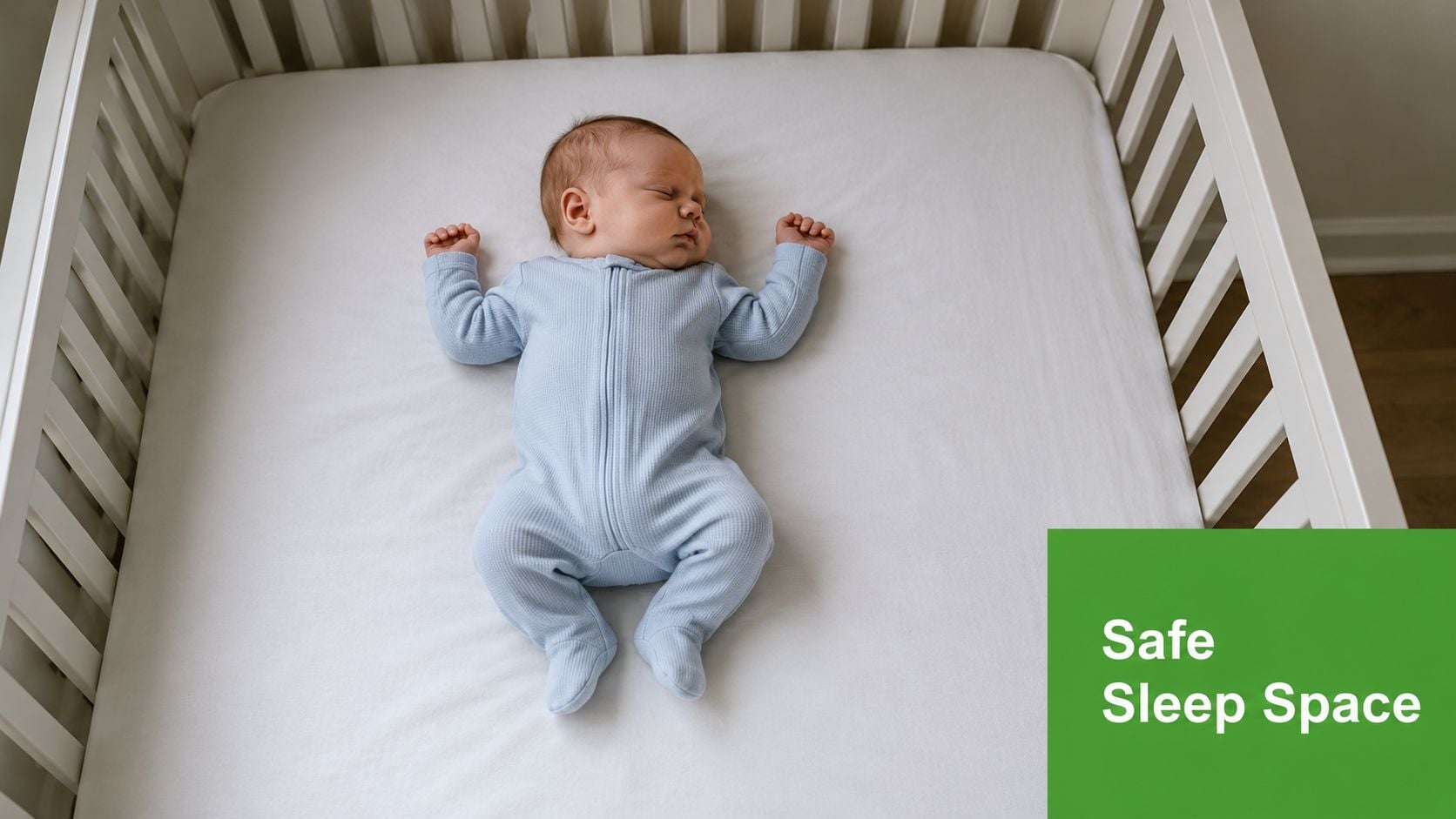 A peaceful five-month-old baby sleeping soundly on their back in a safe white crib