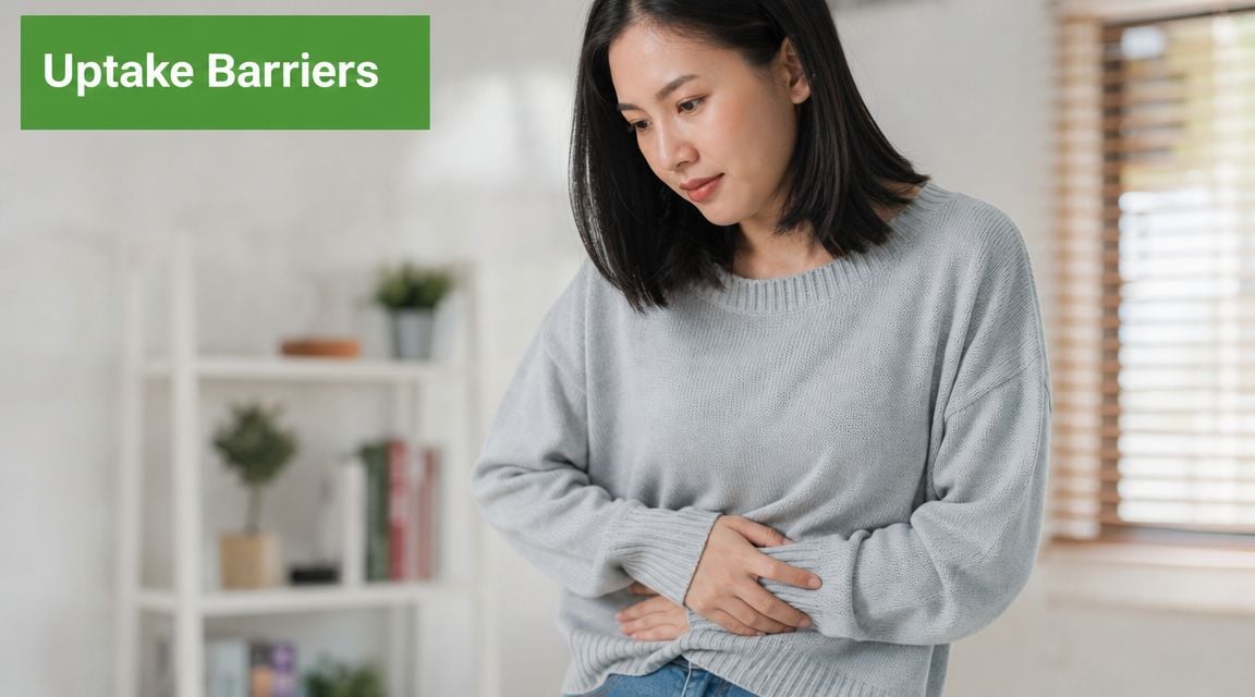 A woman experiencing abdominal pain while holding her stomach, representing challenges related to vitamin absorption and health.