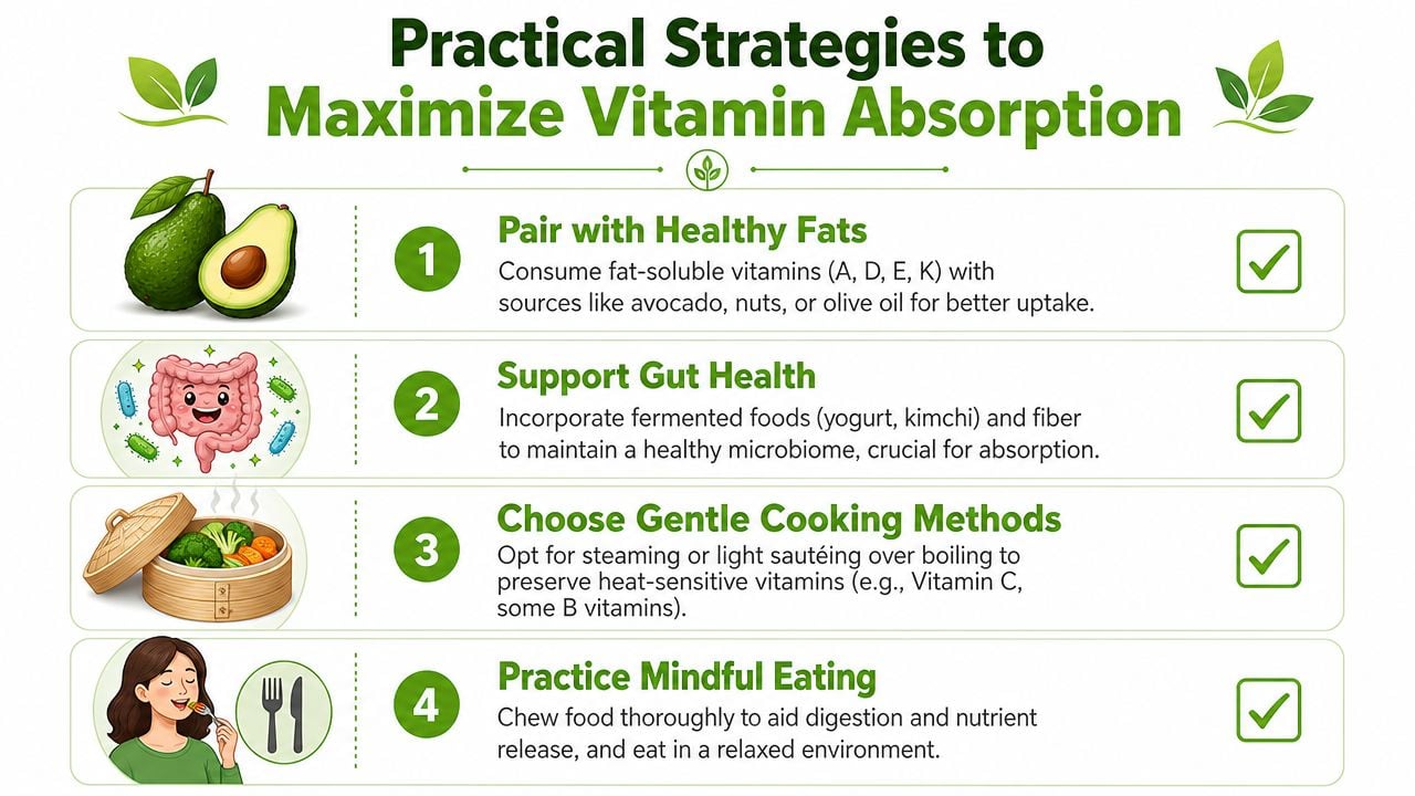 An infographic detailing four practical strategies to improve how the body absorbs vitamins from food.