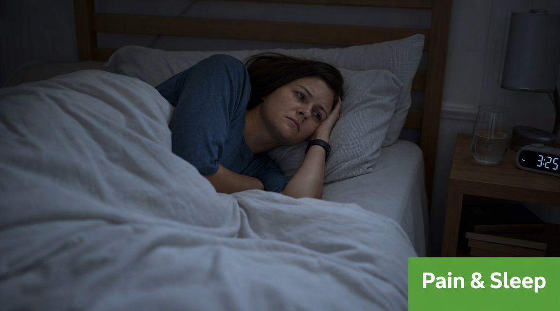 A woman lying awake in bed in a dark bedroom at 3:25 AM, experiencing sleep difficulties.