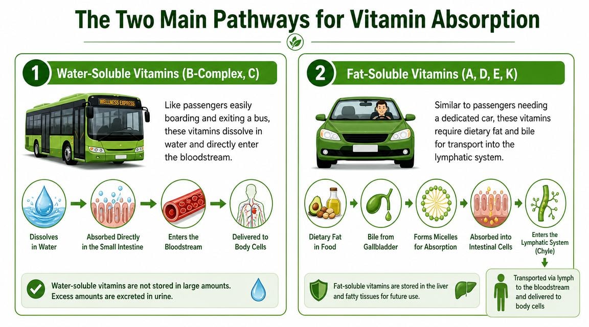 An infographic illustrating the two main pathways for vitamin absorption: water-soluble and fat-soluble vitamins.