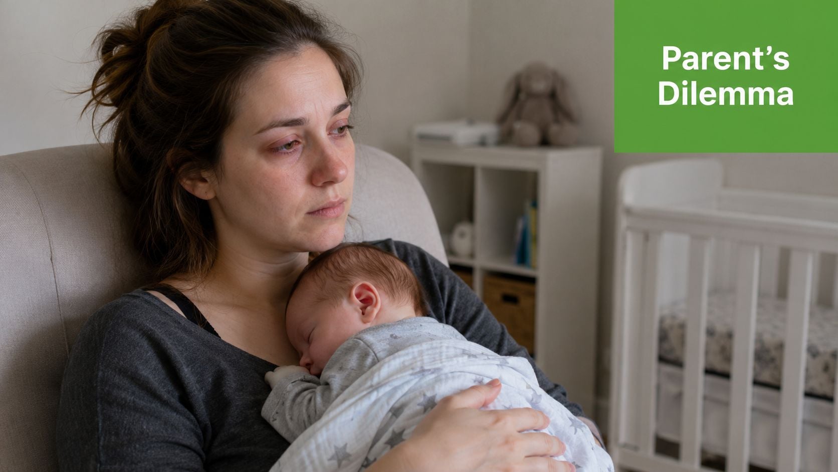 A tired, emotional mother holding her sleeping newborn baby in a nursery, conveying parenting challenges.