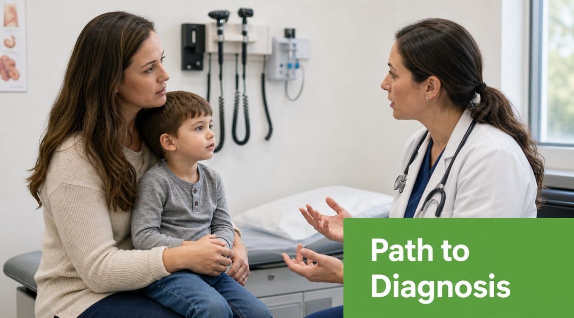 A concerned mother holding her young son while a female doctor discusses medical care during a consultation.