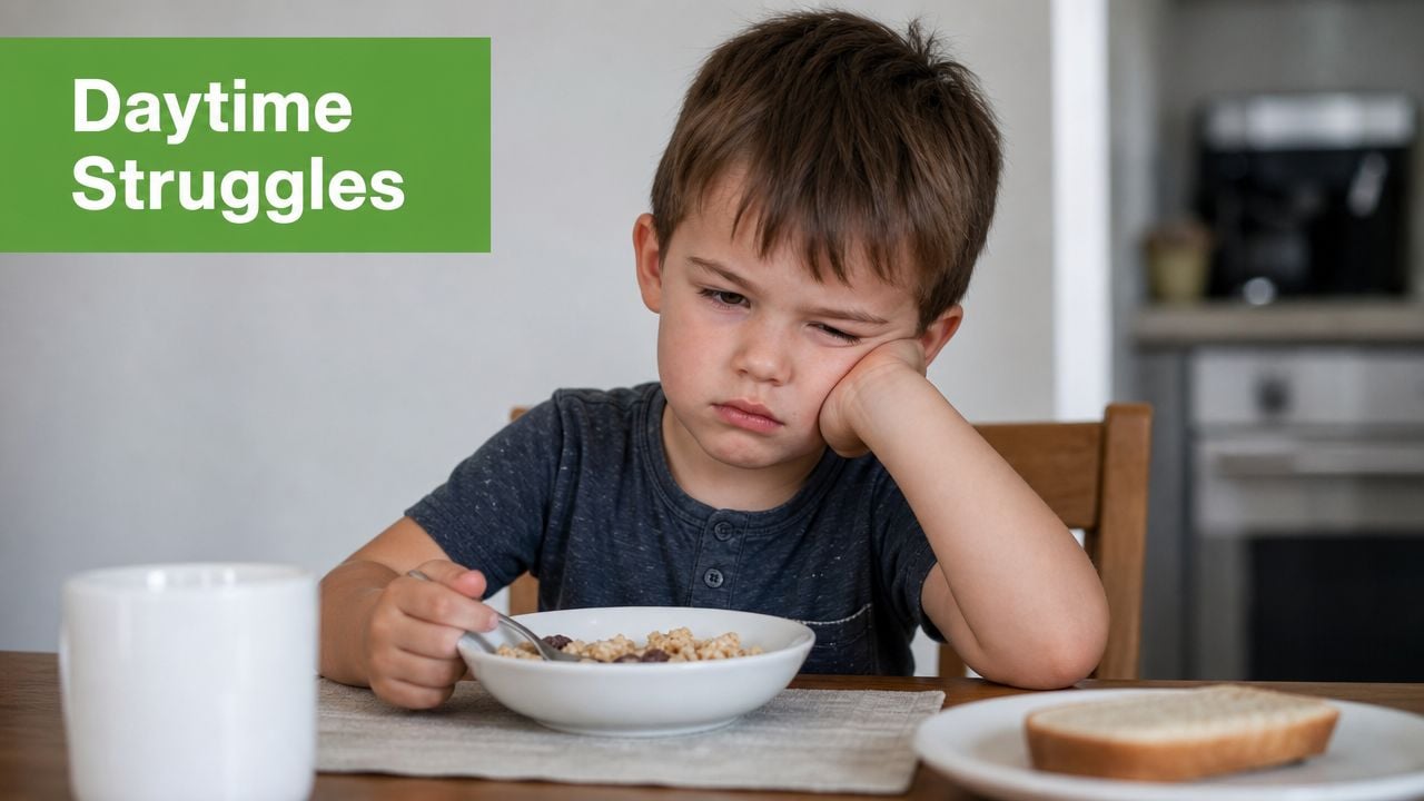 A tired young boy sitting at a table with a bowl of cereal, experiencing daytime sleepiness.