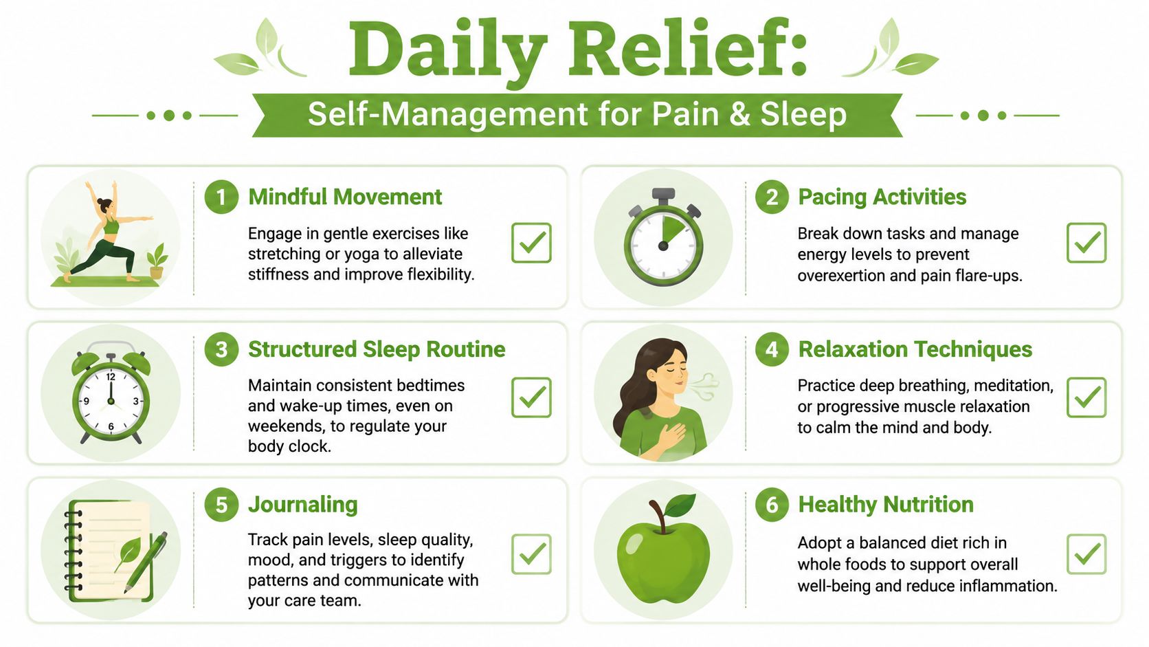 An infographic displaying six daily tips for managing chronic pain and improving sleep quality through healthy habits.