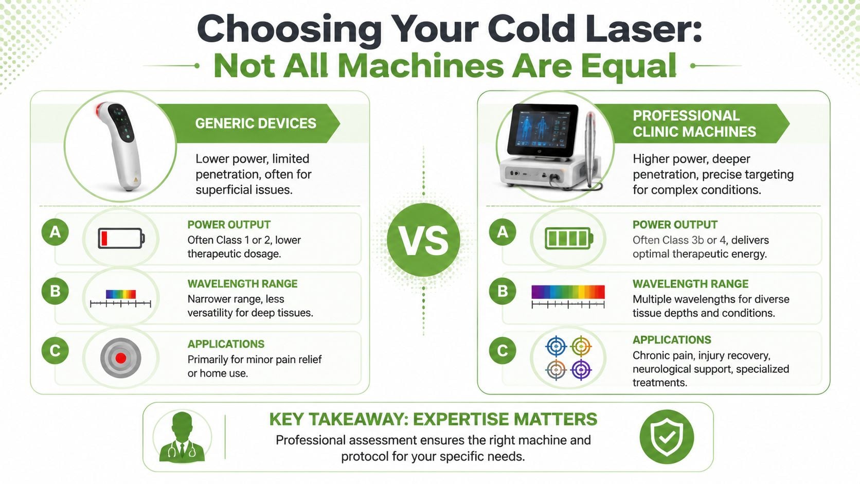 A comparison infographic between generic cold laser devices and professional clinical laser therapy machines.