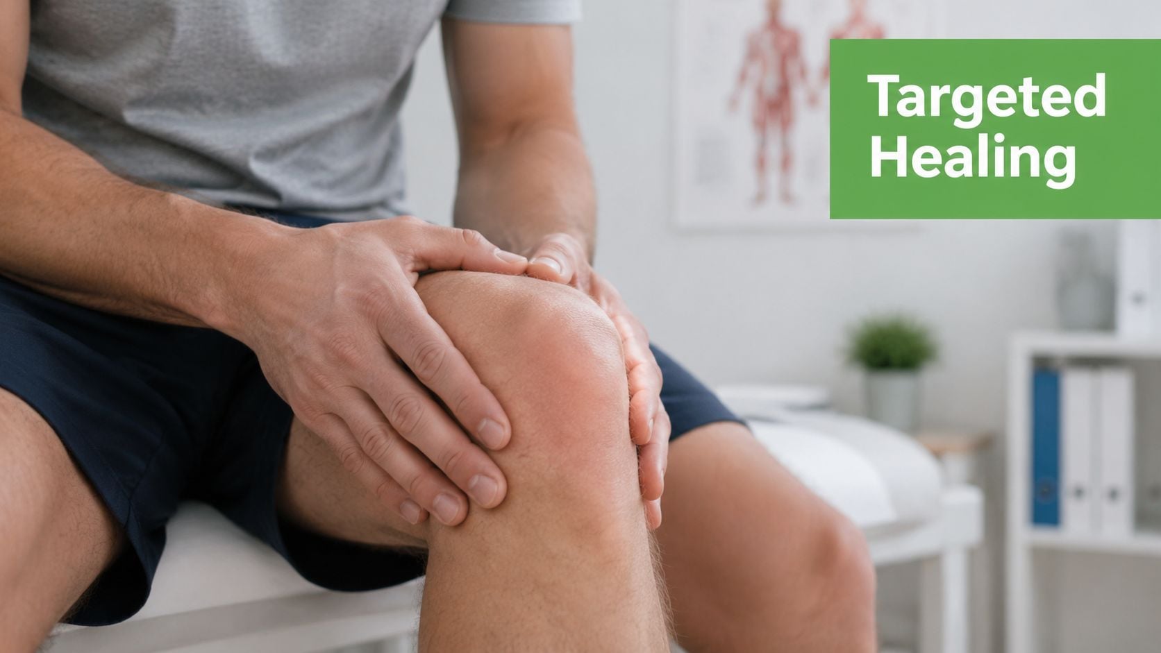 A person sitting on a clinical table holding their painful knee while receiving physical therapy treatment.