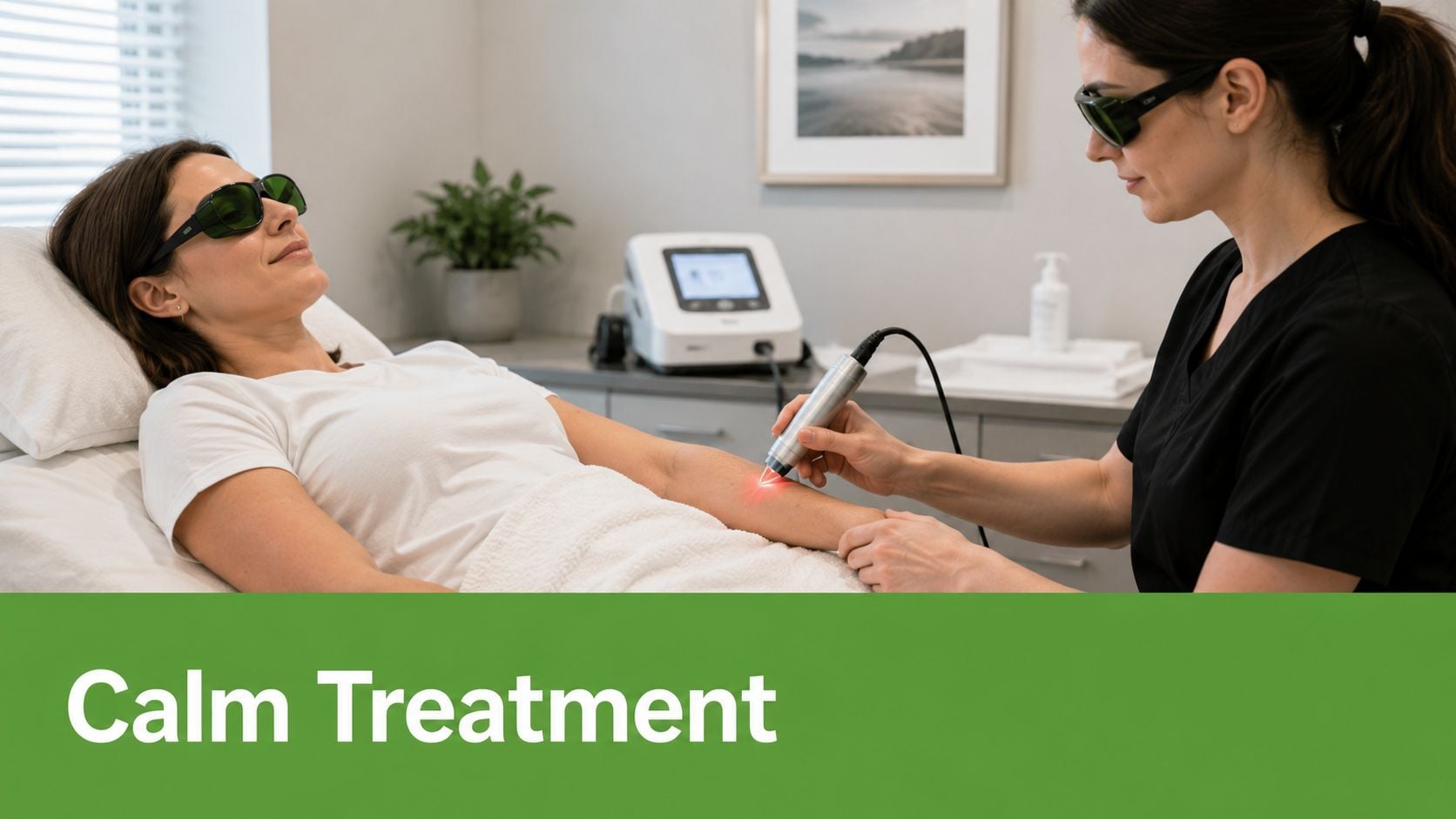 A professional therapist using a cold laser therapy machine on a patient's arm in a clinical setting.