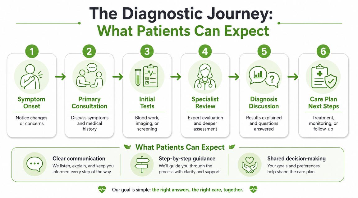 A six-step infographic illustrating the diagnostic journey for patients, from symptom onset to the final care plan.
