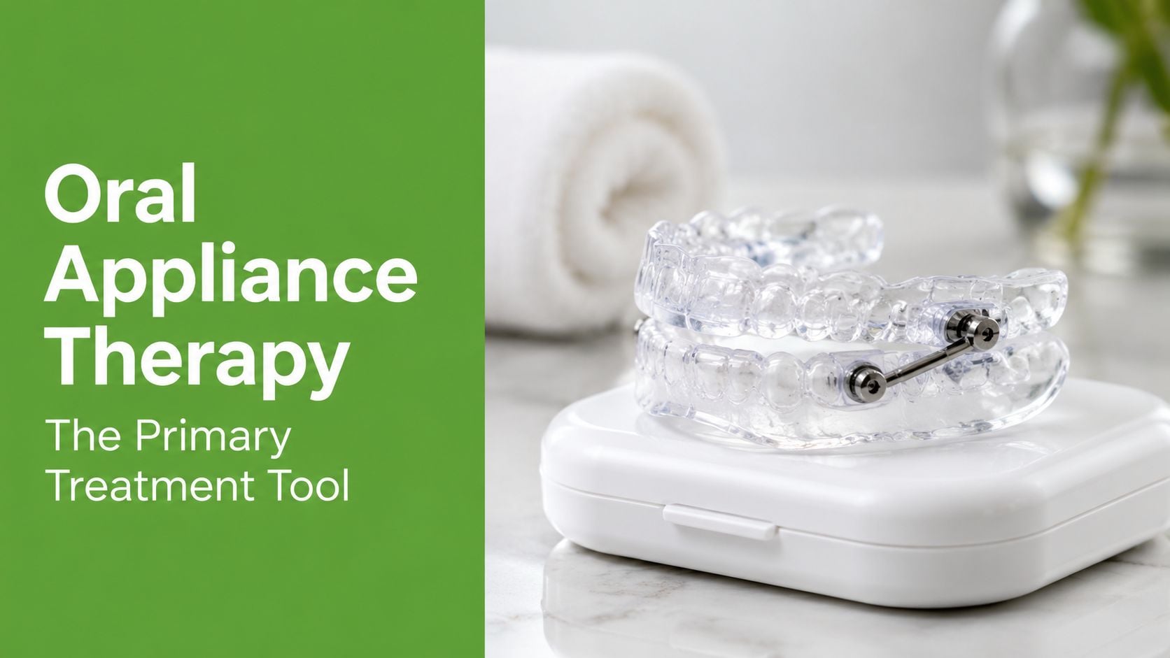 A custom dental sleep apnea oral appliance sits on a white storage case against a green background.