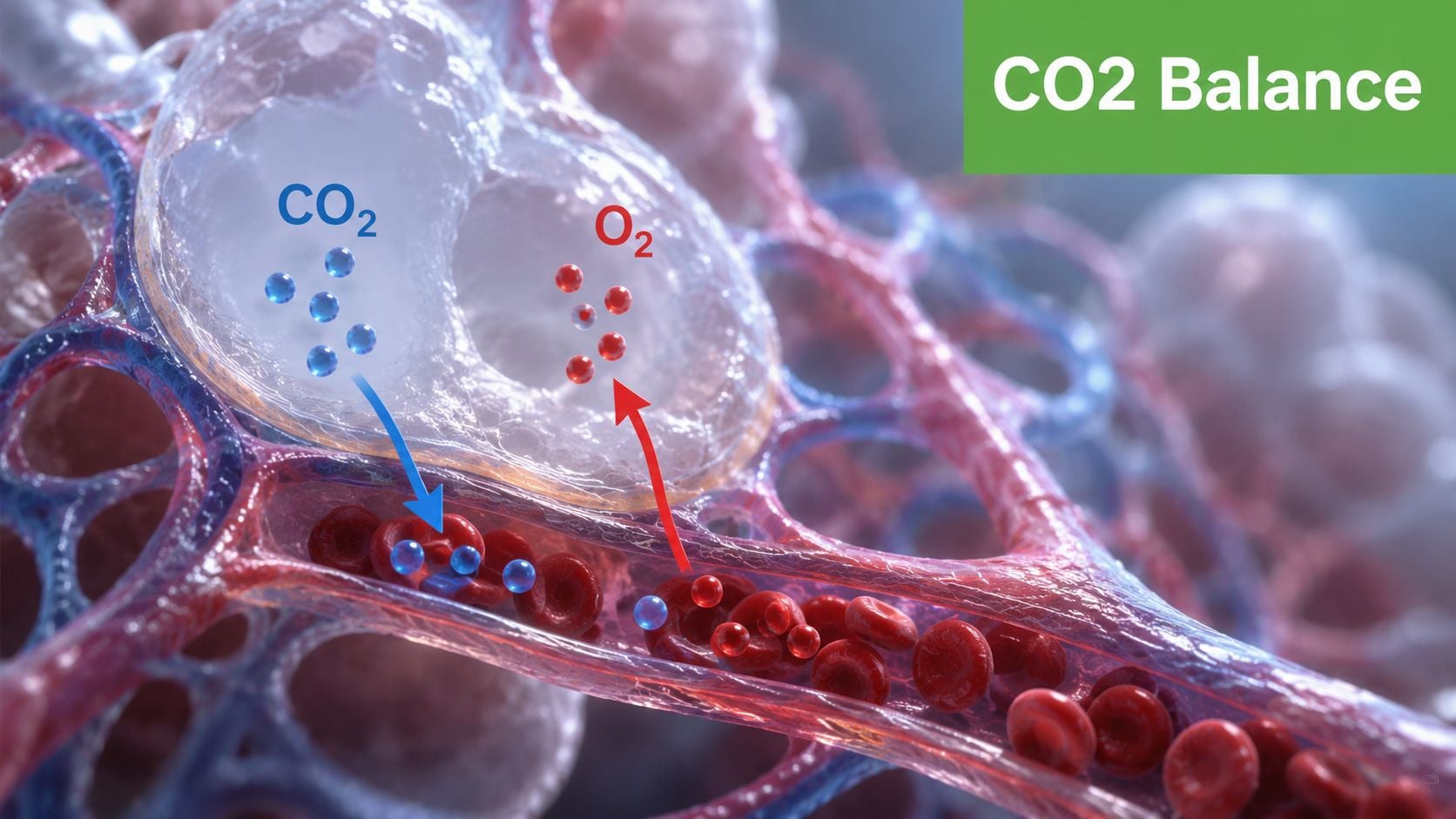 A 3D medical illustration showing gas exchange of carbon dioxide and oxygen in the human lung alveoli.