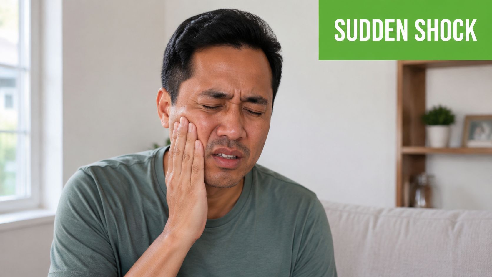 A man in a green shirt holding his cheek in pain, representing a sudden facial shock.