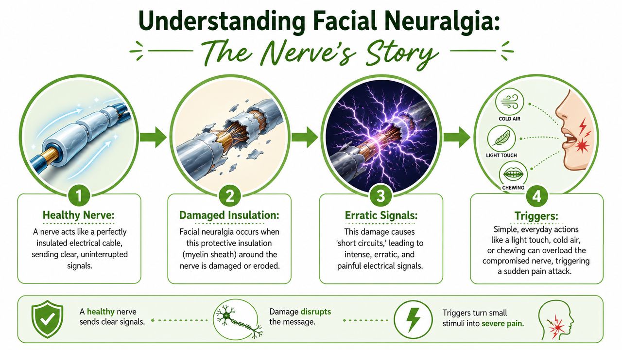 An infographic showing how damaged myelin sheath causes facial neuralgia pain from simple everyday triggers.